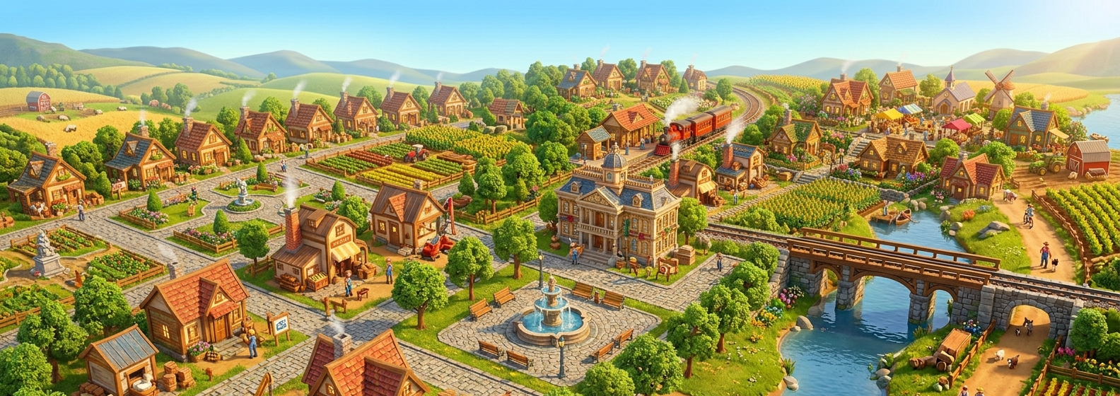 Illustrated Township-style town buildings